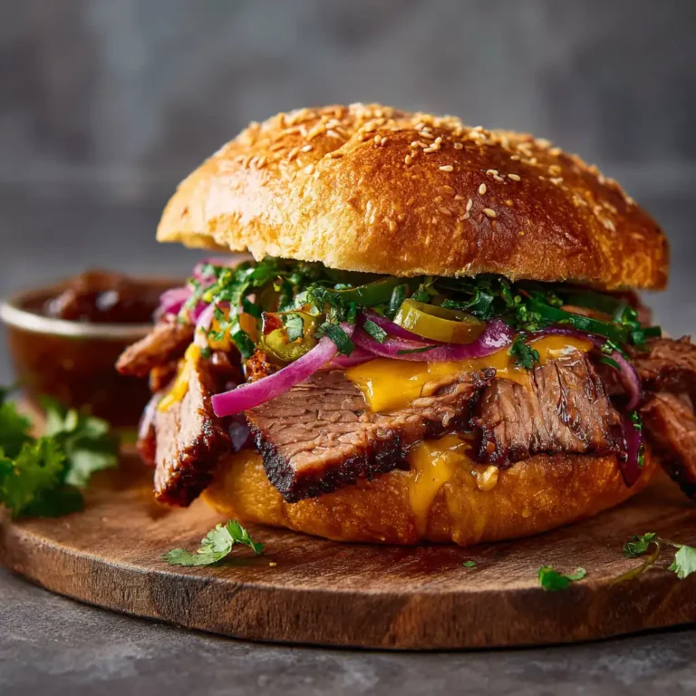 Brisket Sandwich Recipe 4 Close-up of brisket sandwich with creamy and fresh greens on a wooden board.