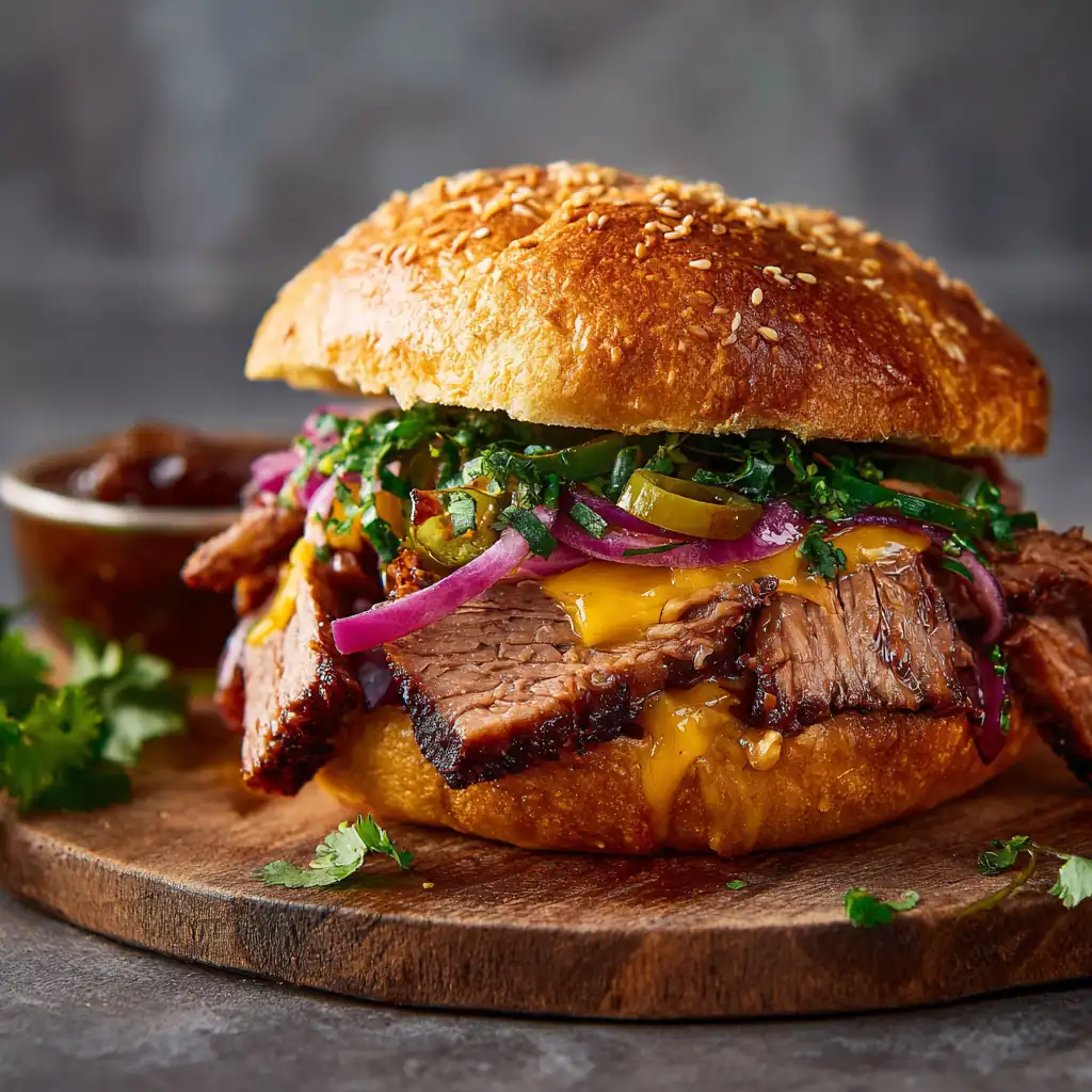 Brisket Sandwich Recipe 1 Close-up of brisket sandwich with creamy and fresh greens on a wooden board.