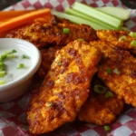 Crispy homemade Buffalo Chicken Tenders served with ranch sauce, carrot sticks, and celery.