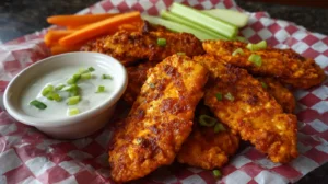 Crispy homemade Buffalo Chicken Tenders served with ranch sauce, carrot sticks, and celery.