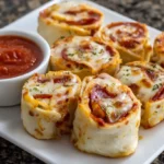 Plate of pizza roll ups with melted cheese and pepperoni, served with marinara sauce, perfect student-friendly snack.