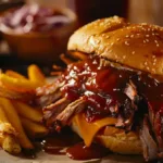 Close-up of a smoky brisket sandwich with melted cheese and BBQ sauce, served with fries and coleslaw for a comforting meal.