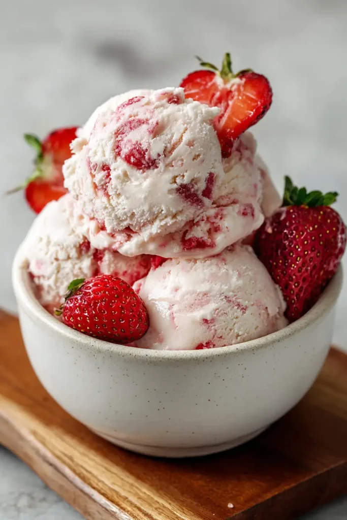 Strawberry Cheesecake Ice Cream 3 Bowl of strawberry cheesecake ice cream with visible swirls of strawberry and chunks of cheesecake, topped with fresh strawberries.