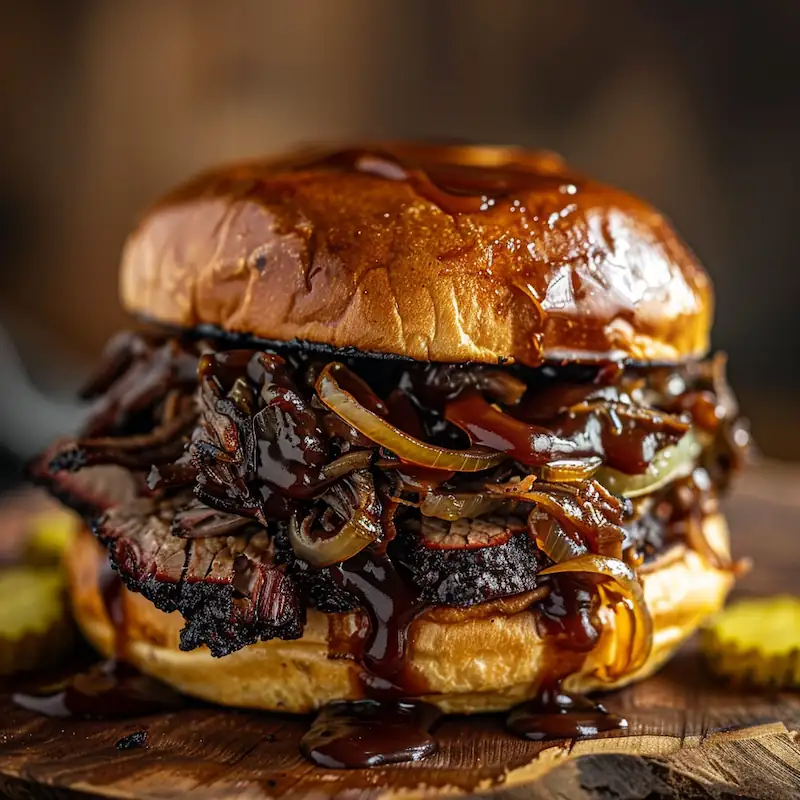 Juicy brisket sandwich with BBQ sauce, caramelized onions, and pickles on a toasted brioche bun, styled with a smoky barbecue background.