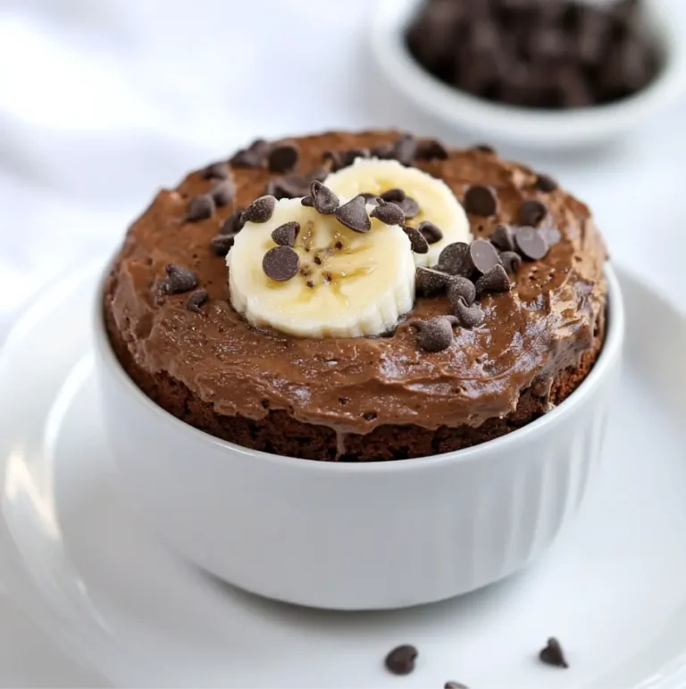2 ingredient protein mug cake topped with banana slices and chocolate chips in a white ramekin