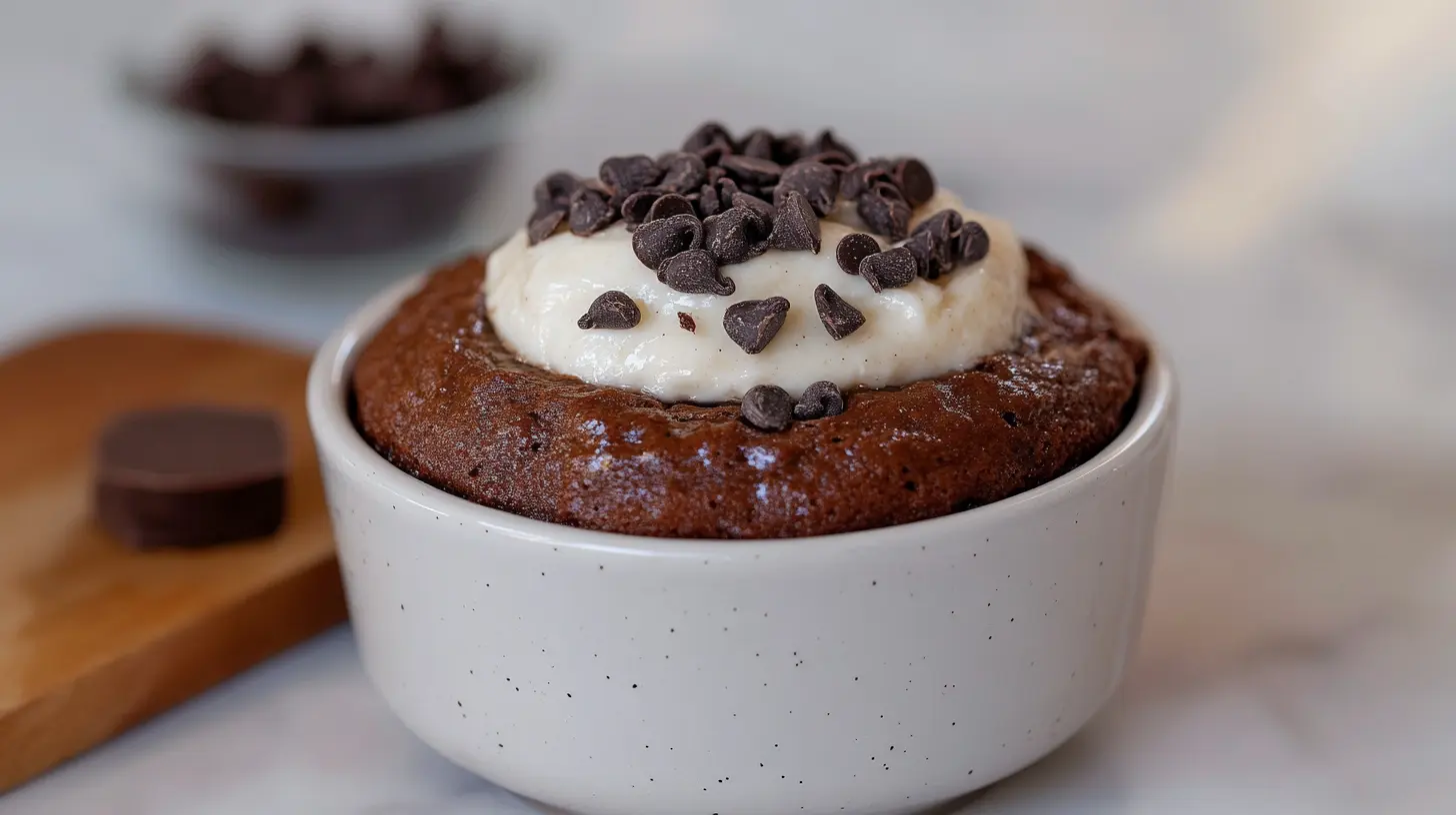 Viral TikTok chocolate protein mug cake with cream and chocolate chips in a white bowl