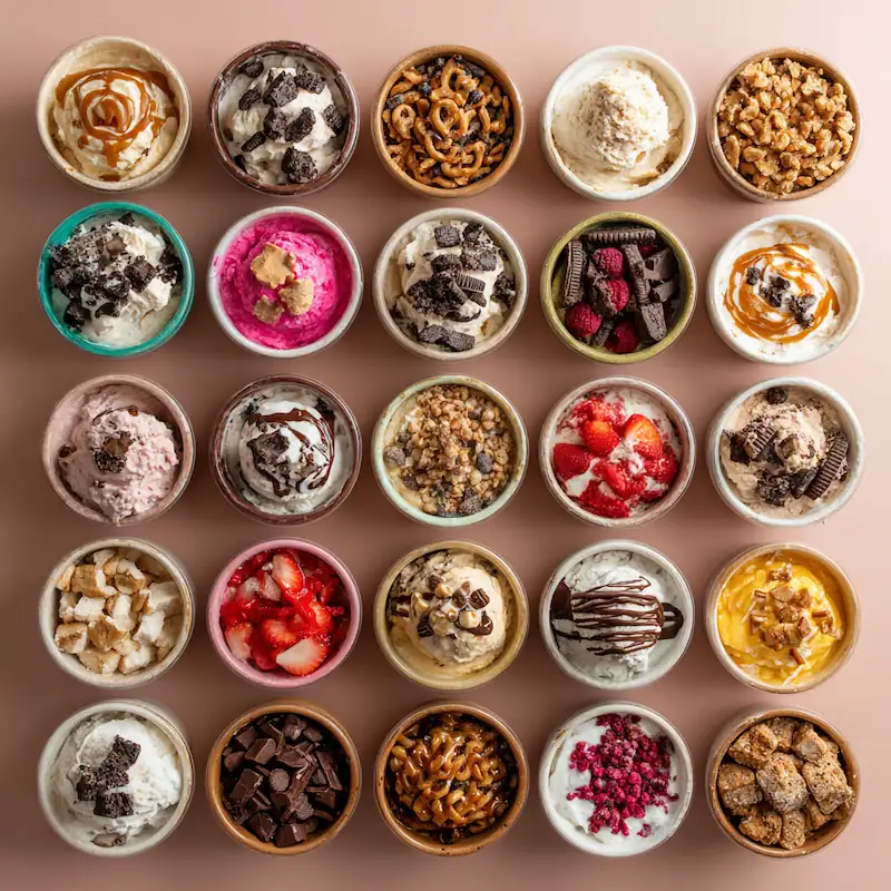 Flat lay of 25 colorful Ninja Creami ice cream bowls with unique mix-ins like Oreos, peanut butter cups, granola, and fruit, on a pastel dorm background with a Ninja Creami machine.