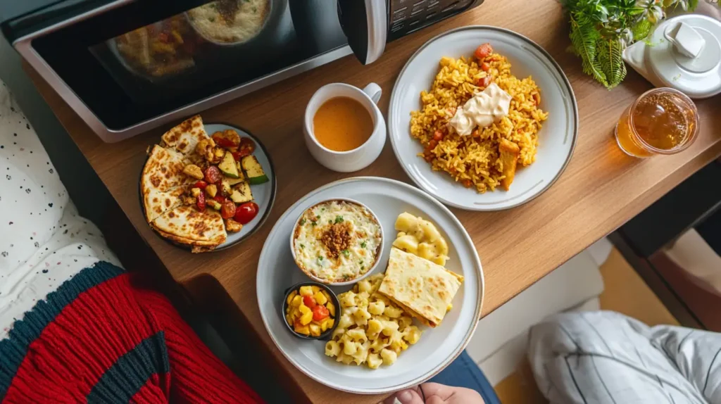 7 Microwave Dorm Recipes You Can Make in Under 5 Minutes 1 Overhead view of seven microwave dorm meals including quesadillas, mac and cheese, rice, soup, and vegetables on a student desk.