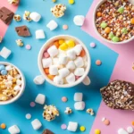 Flat lay of dorm-friendly desserts made with mini marshmallows
