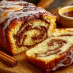 Close-up of a sliced Amish cinnamon bread loaf with visible cinnamon swirl and sugar glaze on a wooden board