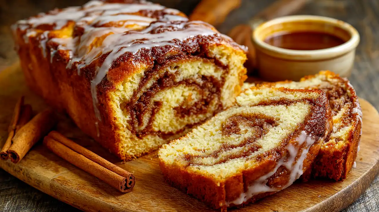 Close-up of a sliced Amish cinnamon bread loaf with visible cinnamon swirl and sugar glaze on a wooden board