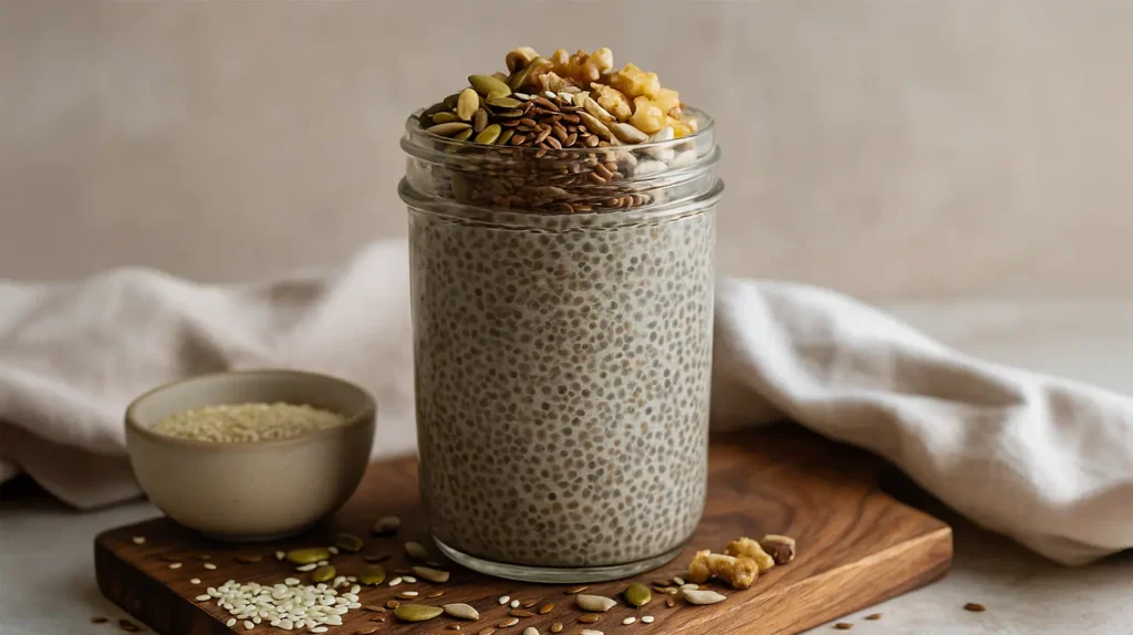 Bariatric Seed Recipe & Ritual: Complete Guide for Healing, Satiety, and Weight Loss 4 Glass jar of bariatric chia pudding topped with pumpkin seeds, flaxseeds, walnuts, and sesame – high-protein, fiber-rich snack