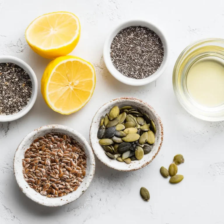 Bariatric Seed Ritual: Why Everyone’s Starting Their Day with This Viral Morning Mix 4 Flat lay of bariatric seed ritual ingredients including chia, flax, pumpkin seeds, lemon, and water