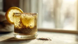 Bariatric seed drink in a glass with lemon wedge in morning light