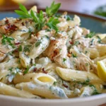 Boursin Pasta Recipe Plate of creamy Boursin pasta with grilled chicken, fresh herbs, and a lemon wedge — a quick, gourmet dinner recipe.