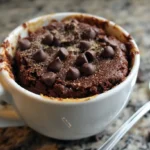 Chocolate protein mug cake topped with chocolate chips, served in a white mug on a marble countertop