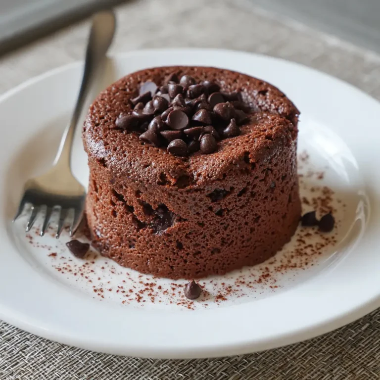Protein Mug Cake 4 Baked chocolate protein mug cake topped with chocolate chips, served on a white plate with a fork and cocoa dust