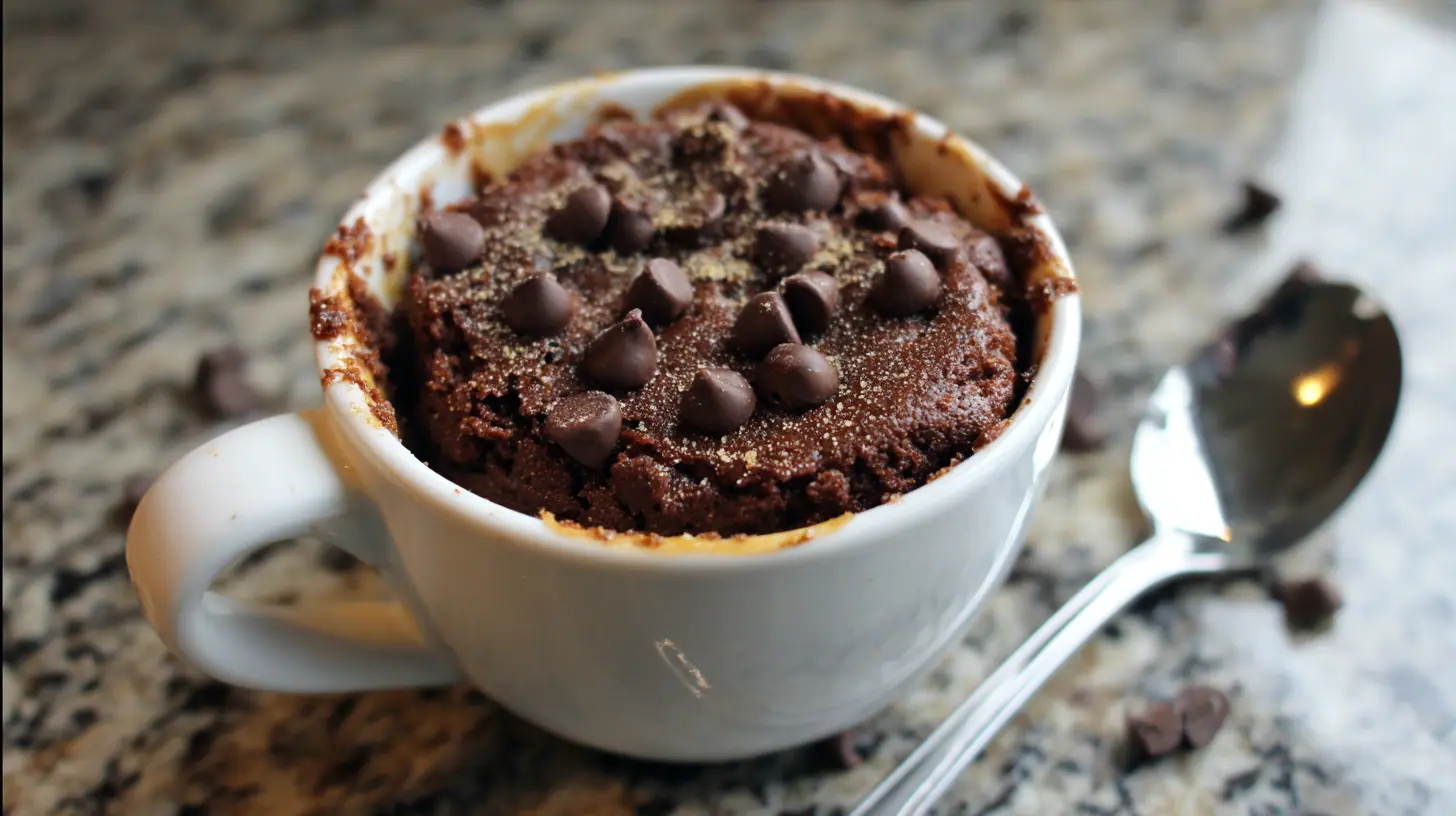 Chocolate protein mug cake topped with chocolate chips, served in a white mug on a marble countertop