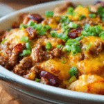 Hearty cowboy casserole featuring ground beef, melted cheddar cheese, red beans, and golden tater tots topped with fresh green onions.