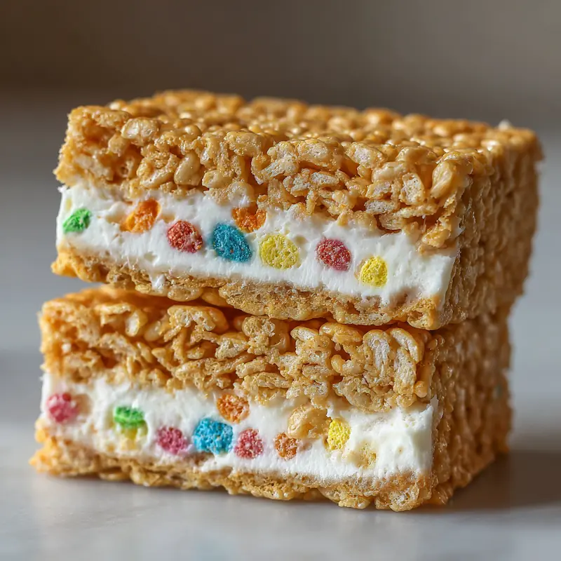 Close-up of a Rice Krispie Ice Cream Sandwich cut in half, showing vanilla ice cream layer between two crispy cereal squares