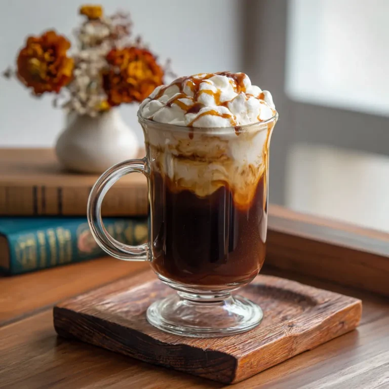 Cloud Coffee 4 Glass mug of cloud coffee topped with whipped cream and caramel drizzle, set on a wooden tray beside vintage books and flowers