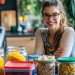 Top 10 College Meal Prep Ideas That Save You Time and Money Smiling college student meal prepping with dry pantry staples like pasta, oats, and fruit in a small dorm kitchen.