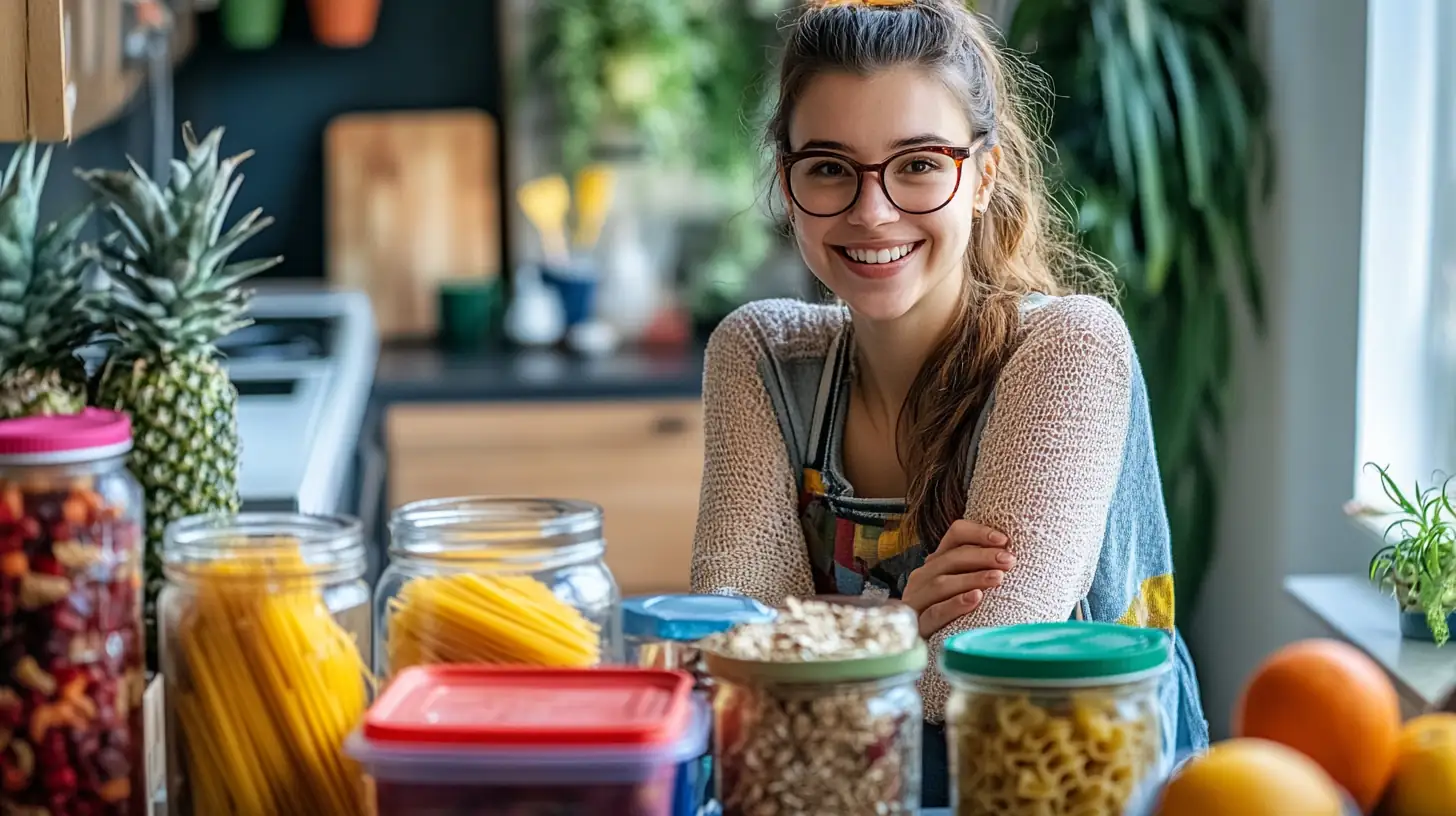 Smiling college student meal prepping with dry pantry staples like pasta, oats, and fruit in a small dorm kitchen.
