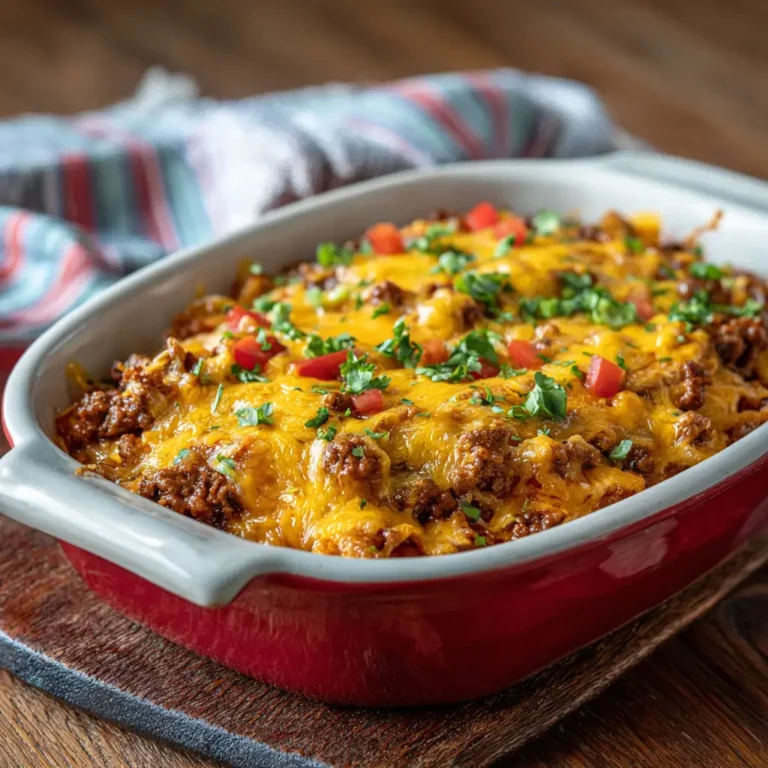 Cowboy Casserole 2 Cheesy cowboy casserole made with ground beef, melted cheddar, and baked in a red dish — a comforting and budget-friendly meal.
