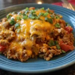 Cheesy cowboy crock pot casserole served on a blue plate with ground beef, tomatoes, rice, and melted cheddar