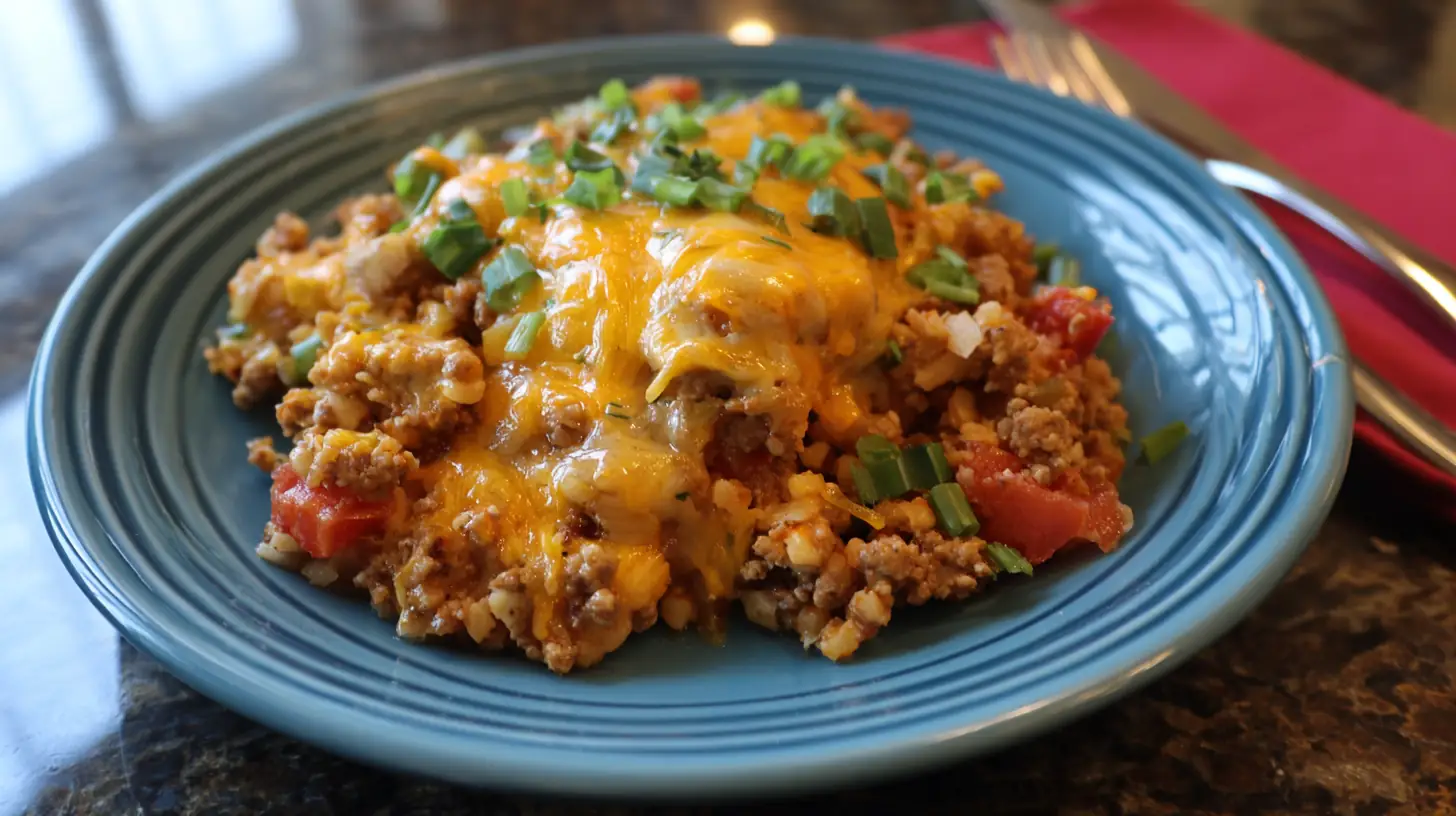 Cheesy cowboy crock pot casserole served on a blue plate with ground beef, tomatoes, rice, and melted cheddar
