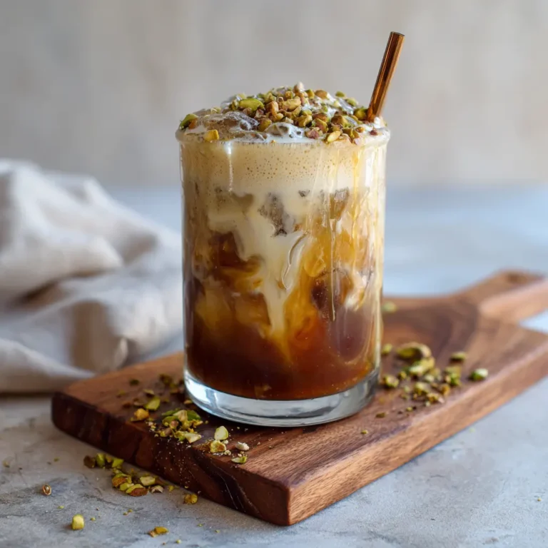 Maple Tahini Iced Coffee 4 Layered maple tahini iced coffee with cream, topped with chopped pistachios and served on a wooden board – refreshing summer drink