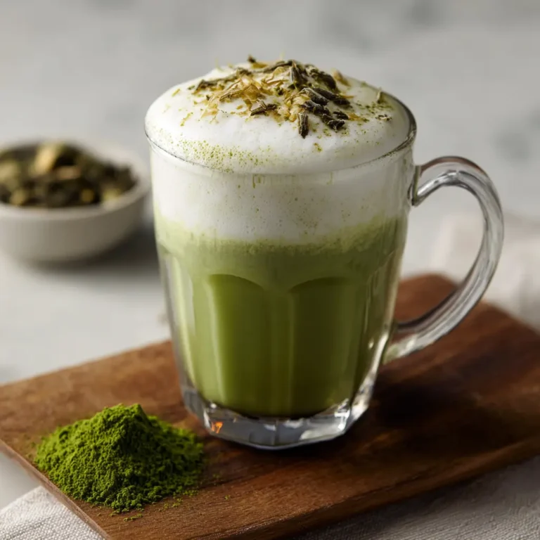 Matcha Latte 4 Glass mug filled with creamy matcha latte topped with frothy milk foam and sprinkled green tea leaves, on a wooden board