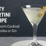A dirty martini served in a clear cocktail glass with olives on a stick, perfect for college students