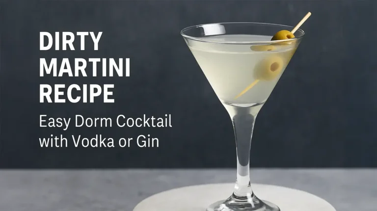 Dirty Martini Recipe – A College-Friendly Classic Cocktail 2 A dirty martini served in a clear cocktail glass with olives on a stick, perfect for college students