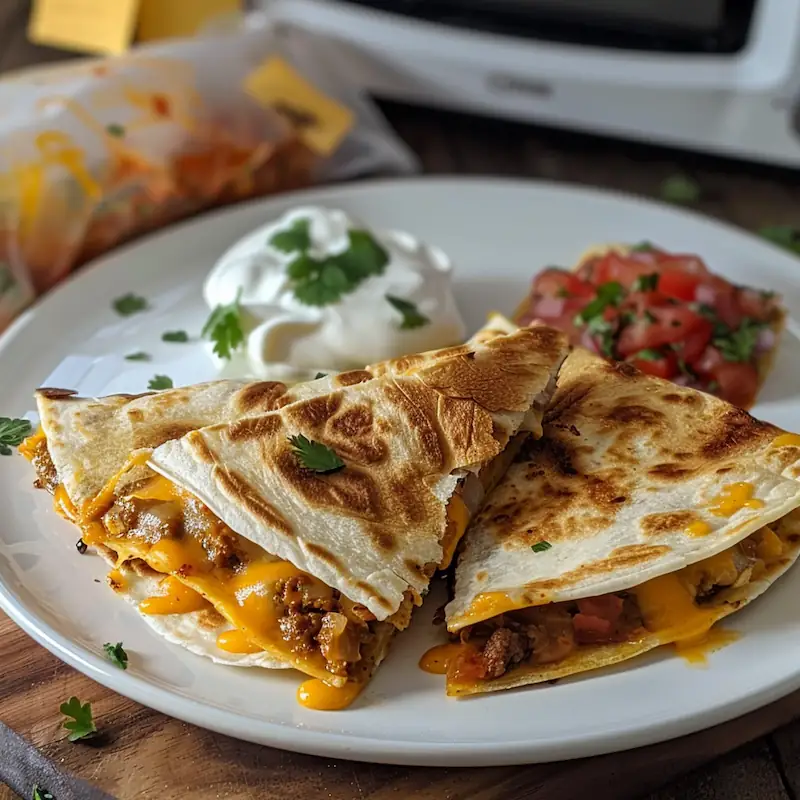 Folded microwave quesadilla with melted cheese and salsa on a small dorm plate