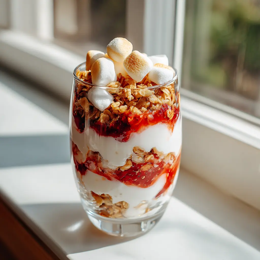 7 Dorm-Friendly Desserts You Can Make with Mini Marshmallows 3 Strawberry yogurt parfait with mini marshmallows and granola