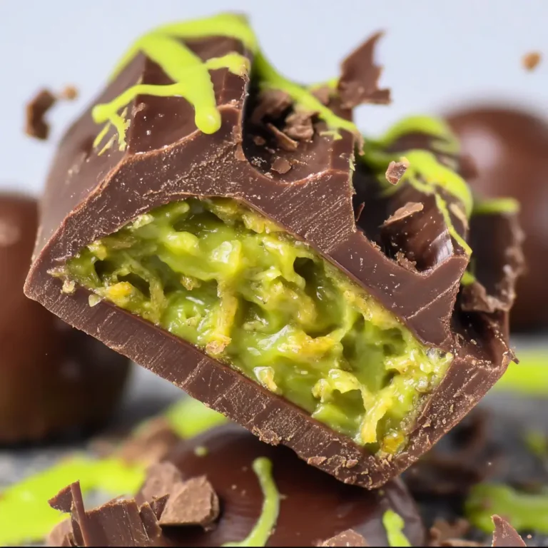 Dubai Chocolate 2 Close-up of a Dubai Chocolate bar with creamy green citrus filling and vibrant green drizzle on top