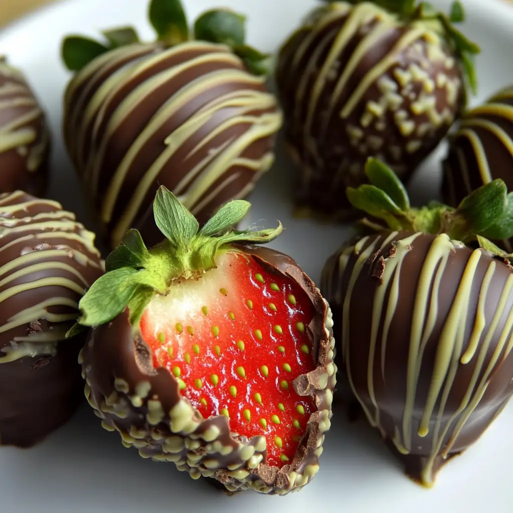 Close-up of sliced chocolate strawberry with white chocolate drizzle – Dubai-style dessert