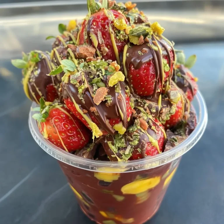 Cup of chocolate-covered strawberries with pistachio, mango drizzle, and crushed nuts – Dubai gourmet dessert