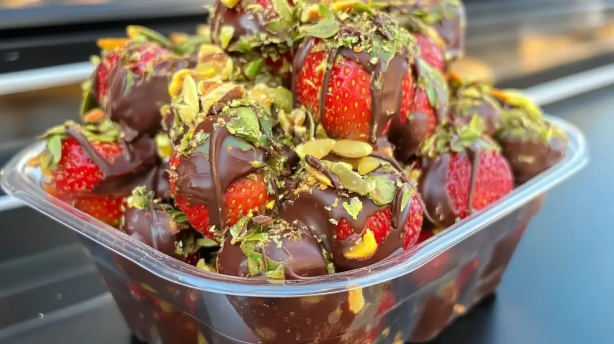 Dubai Chocolate Strawberries 1 Chocolate-covered strawberries topped with crushed pistachios in Dubai dessert box