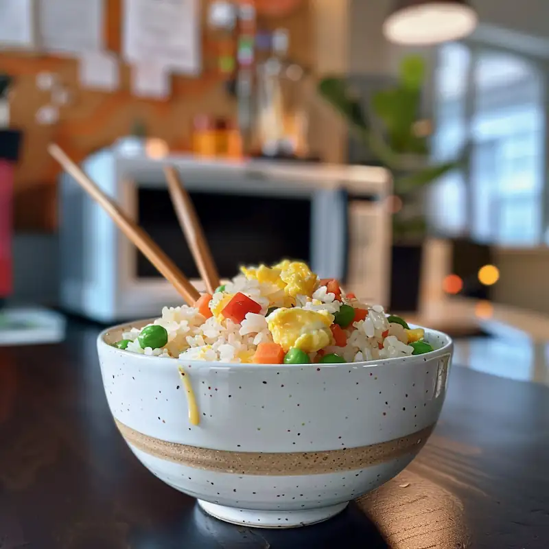 Bowl of microwave fried rice with veggies and egg on a small dorm counter