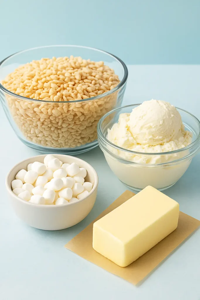 Rice Krispie Ice Cream Sandwich: The No-Bake Snack That’s Blowing Up 4 Ingredients for Rice Krispie Ice Cream Sandwich: crispy rice cereal, vanilla ice cream, marshmallows, and butter arranged on a pastel background