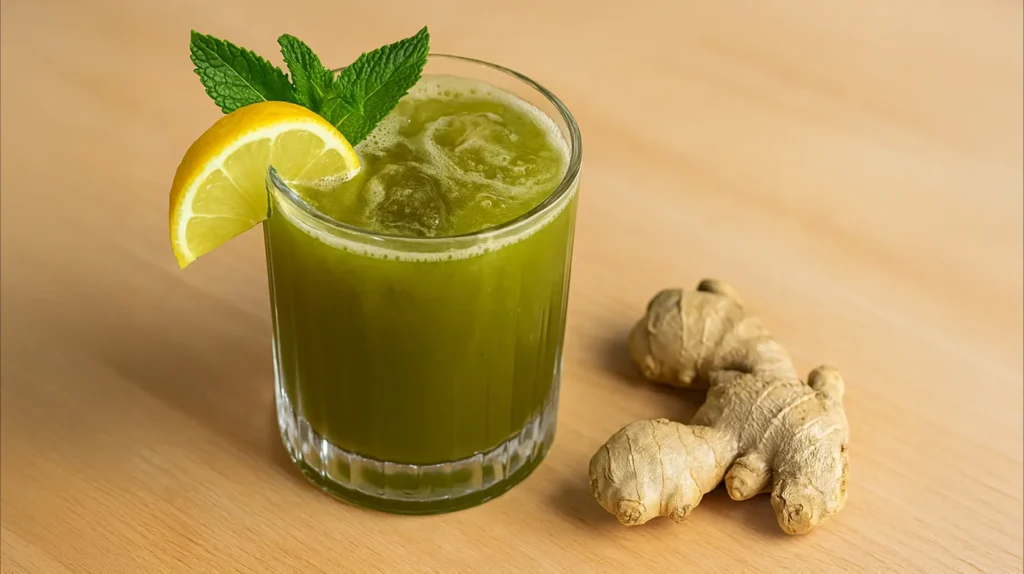 Japanese Mounjaro Recipe detox drink made with matcha, lemon, and ginger in a glass cup