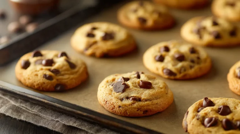 Nestle Toll House Cookie Recipe – A Dorm-Friendly Take on the Classic 2 Close-up of freshly baked Nestle Toll House chocolate chip cookies on parchment-lined tray