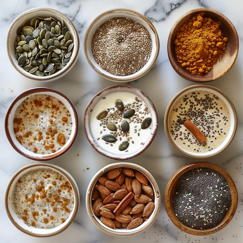 Bariatric seed pudding ingredients including chia seeds, flaxseeds, pumpkin seeds, sunflower seeds, and Greek yogurt in small bowls on a clean white surface