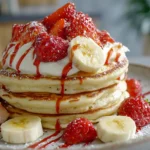 Stack of fluffy high-protein pancakes topped with fresh strawberries, bananas, and whipped cream