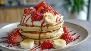 Stack of fluffy high-protein pancakes topped with fresh strawberries, bananas, and whipped cream