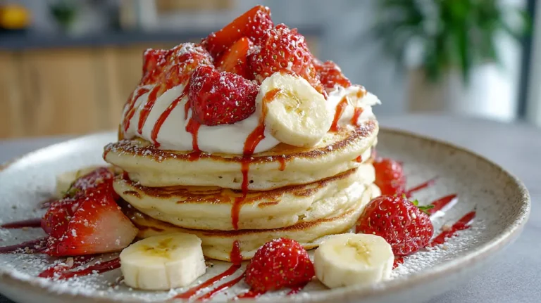 High Protein Pancake Recipe 4 Stack of fluffy high-protein pancakes topped with fresh strawberries, bananas, and whipped cream