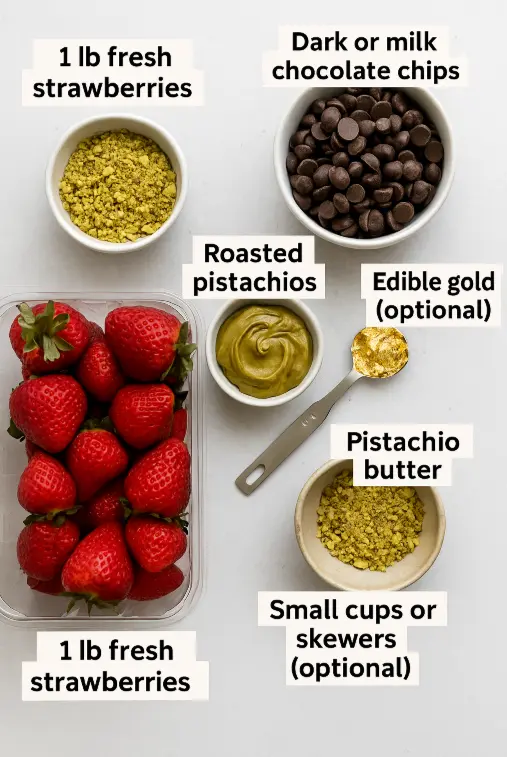 Dubai Chocolate Strawberries 4 Flat lay of ingredients for chocolate strawberries: fresh strawberries, pistachios, chocolate chips, pistachio butter, and edible gold