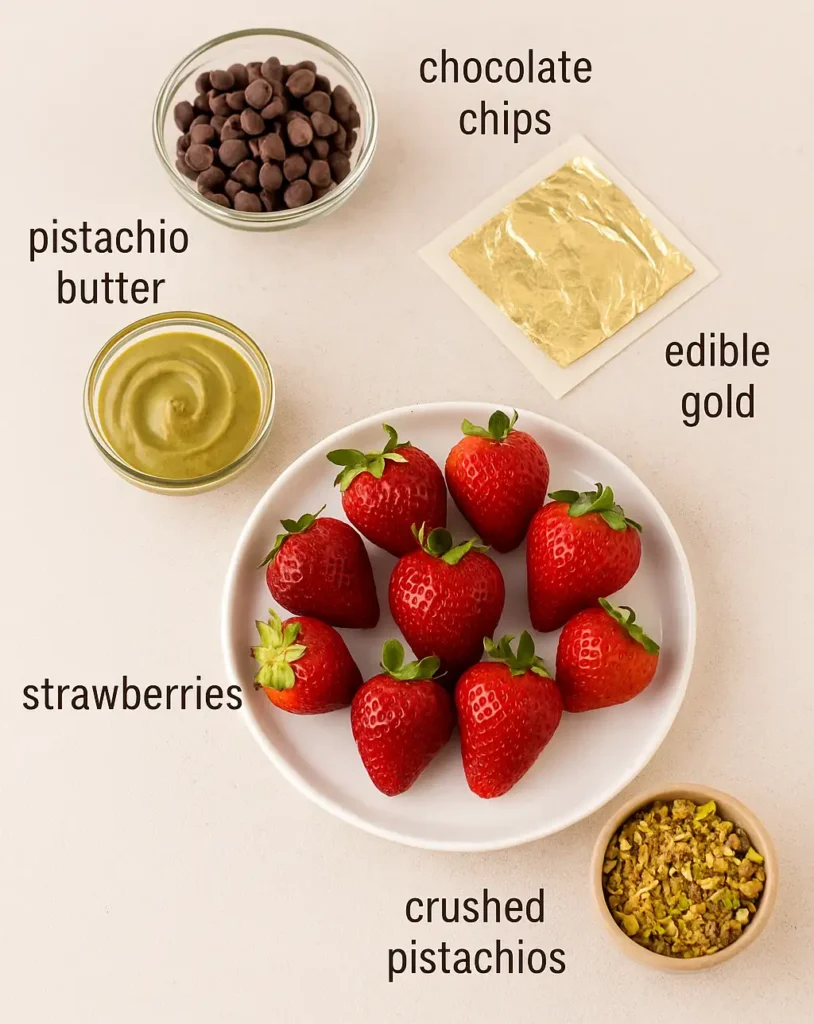 Dubai Chocolate Covered Strawberries 4 Top view of strawberries, pistachio butter, chocolate chips, crushed pistachios, and edible gold for Dubai-style chocolate strawberries